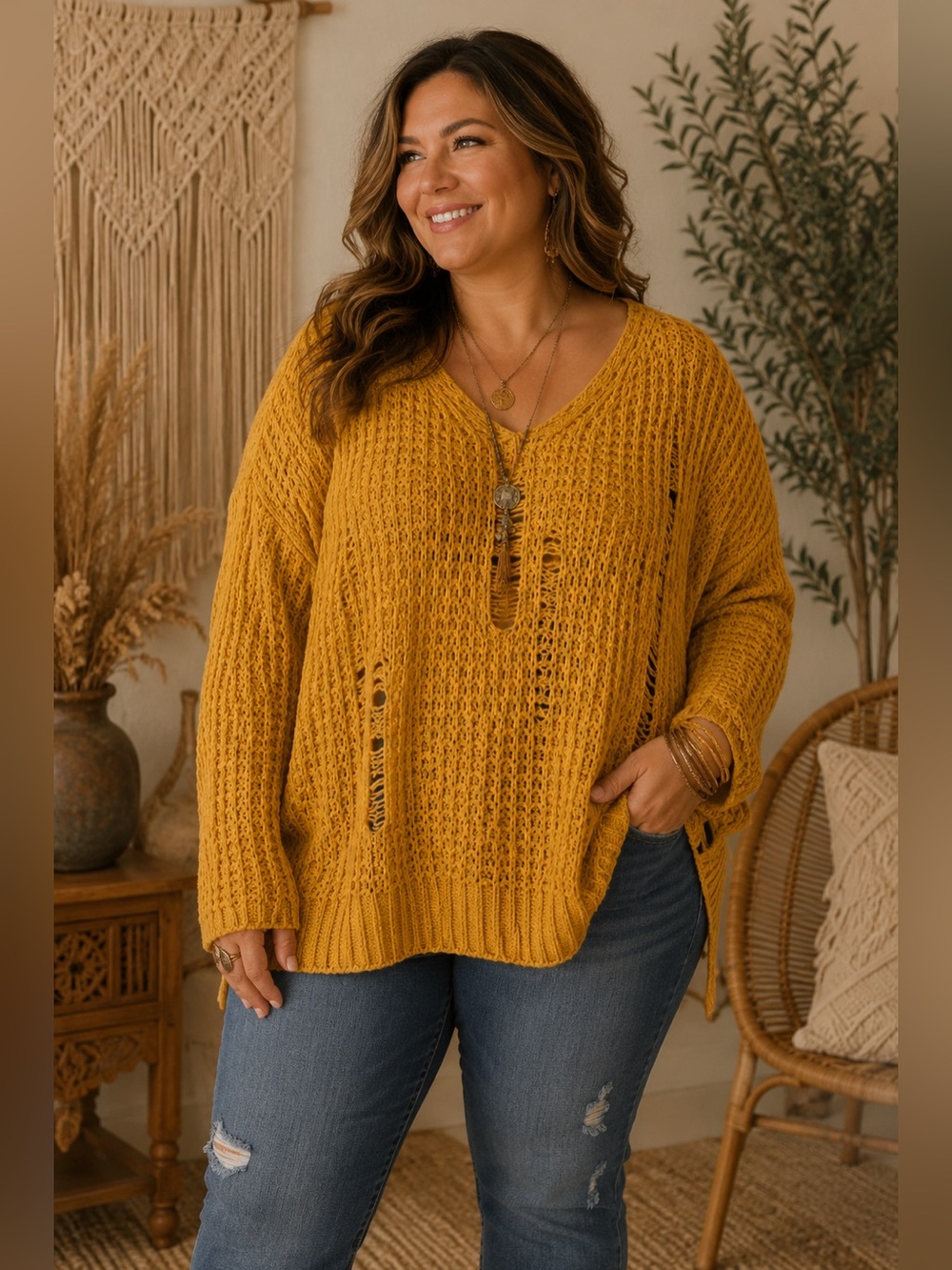 Moral Fiber Marigold Yellow Chenille Chunky Destroyed Lace Back Sweater 2X